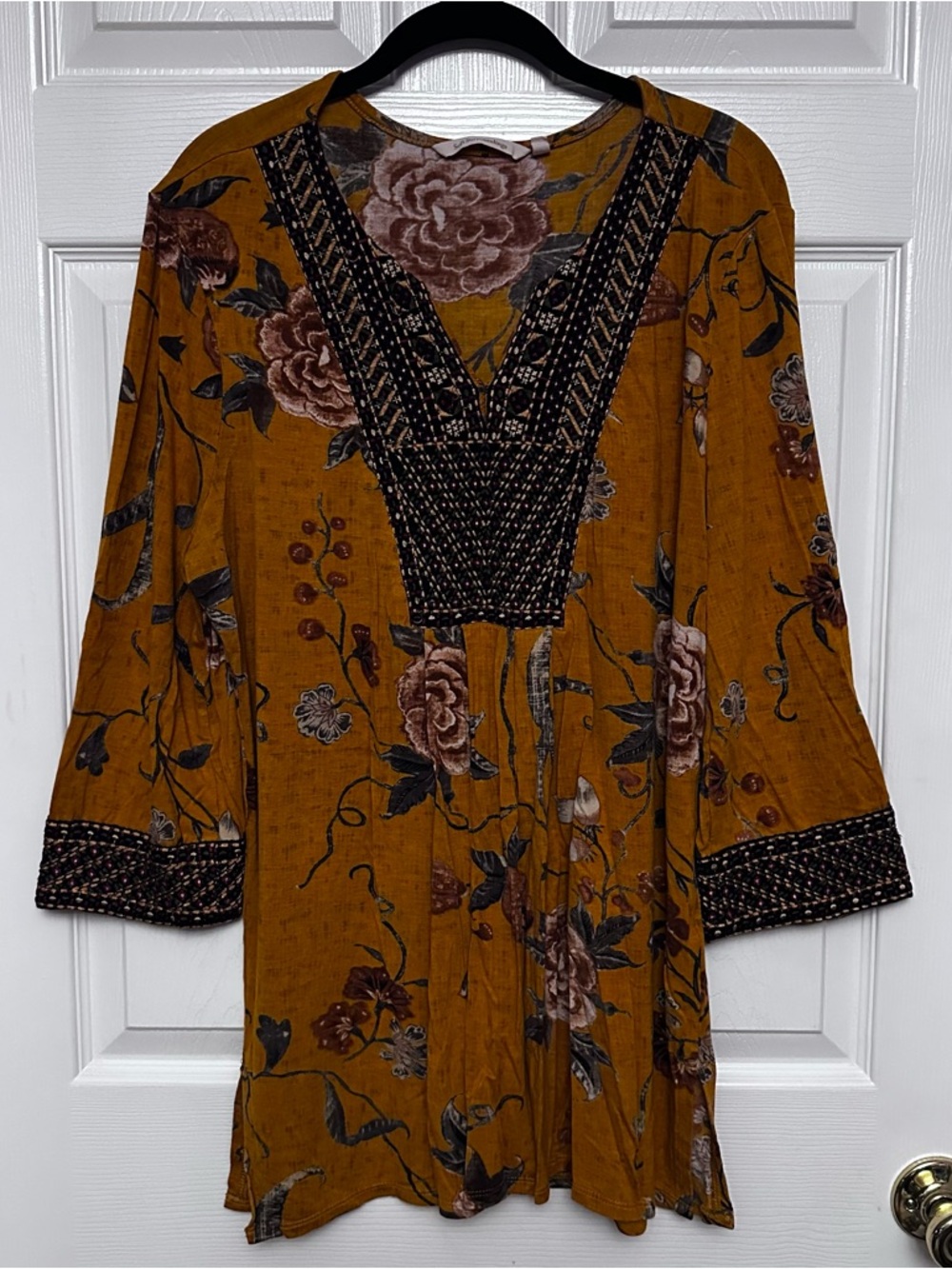 Soft Surroundings Embroidered Tunic Top Boho Women's XL Floral Golds 3/4 Sleeve